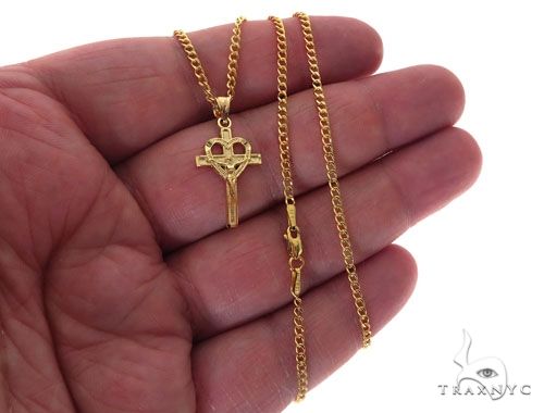 10K Yellow Gold Heart Crucifix Cross Charm 24 Inches Cuban Link Chain Set  61811
