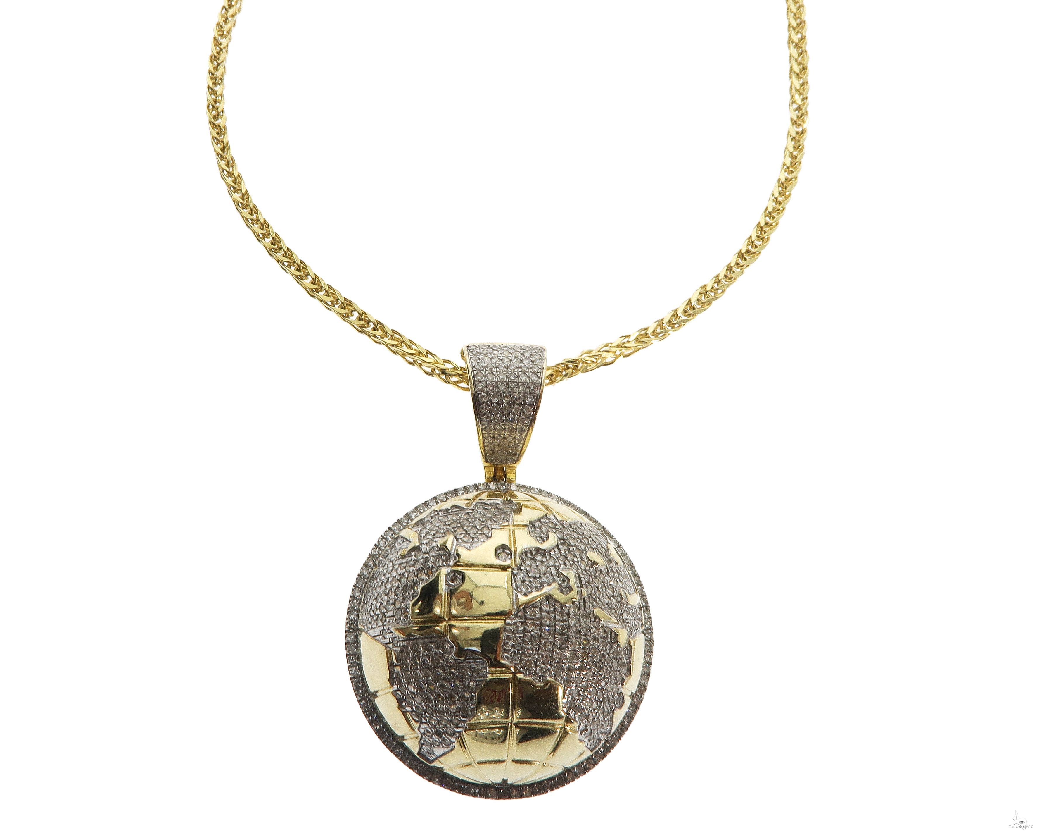 10K Yellow Gold Micro Pave Diamond Globe Charm Pendant and Chain 64553