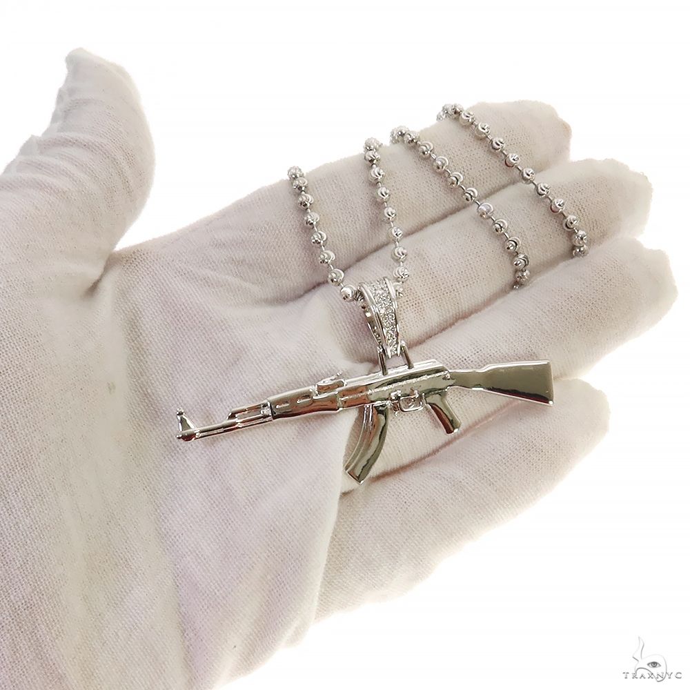 AK-47モチーフ ネックレス シルバー 925 Silver Ak 47 Pendant Moon Cut Chain Set 70058: buy